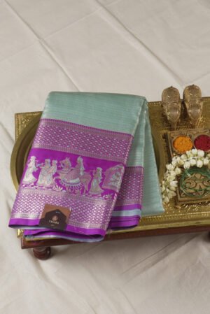 Radiant Silver Tissue Silk Saree – Mint Green & Royal Purple
