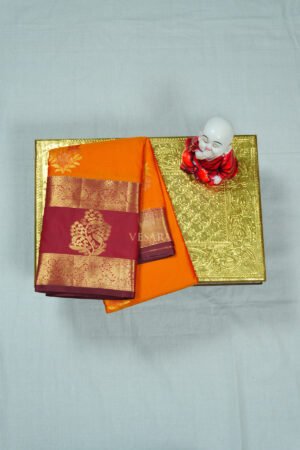 Indrani Premium Kanji Pattu – Bright Orange and Wine Red