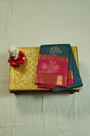 Indrani Rekha Premium Kanji Pattu - Deep Peacock Green and Rani pink