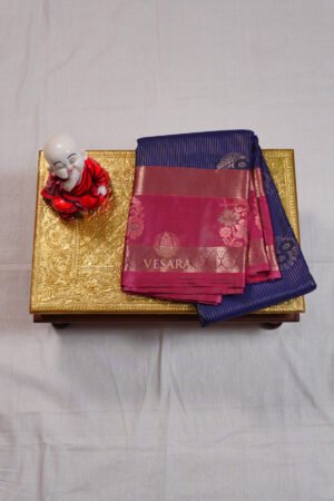 Indrani Rekha Premium Kanji Pattu - Royal Navy Blue with Rani Pink