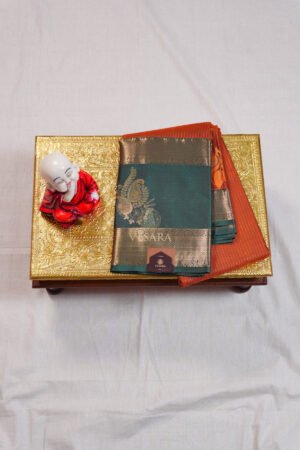 Indrani Rekha Premium Kanji Pattu - Deep Bottle Green with Rust Orange