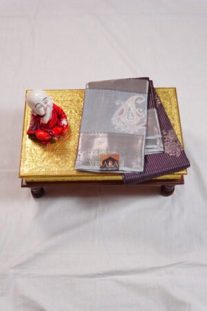 Indrani Rekha Premium Kanji Pattu - Silver Grey with Deep Aubergine