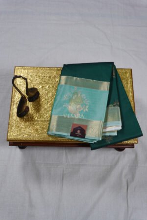Indrani Premium Kanji Pattu - Bottle Green and Aqua Blue
