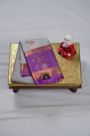 Indrani Premium Kanji Pattu – Silver Grey and Royal Purple