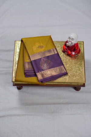 Indrani Premium Kanji Pattu – Olive Mustard and Purple
