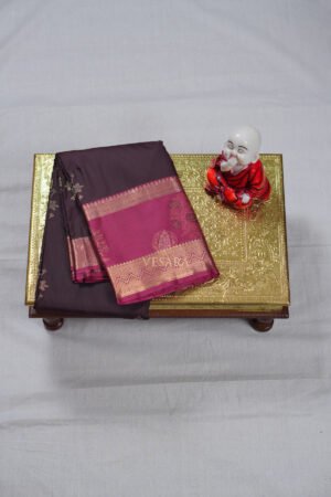 Indrani Premium Kanji Pattu – Dark Coffee Brown and Pink
