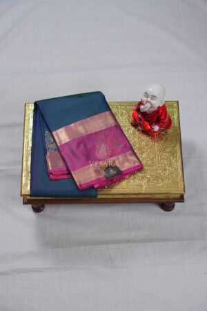 Indrani Premium Kanji Pattu – Peacock Blue and Pink
