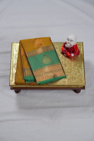 Indrani Premium Kanji Pattu – Antique Mustard and Green
