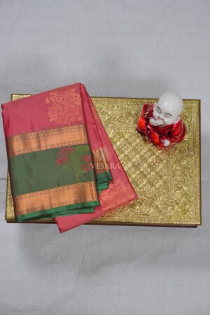 Indrani Premium Kanji Pattu – Coral Pink and Green