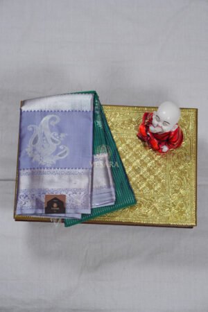 Indrani Premium Kanji Pattu – Emerald Green and Silver Grey