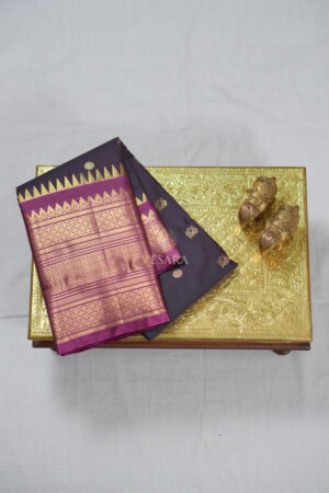 Temple Boarder Gadwal - Deep Charcoal Grey and Rani Pink