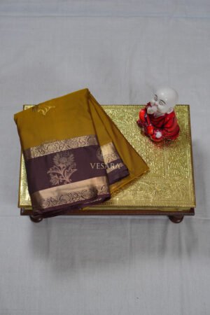 Indrani Premium Kanji Pattu – Antique Mustard and Coffee Brown