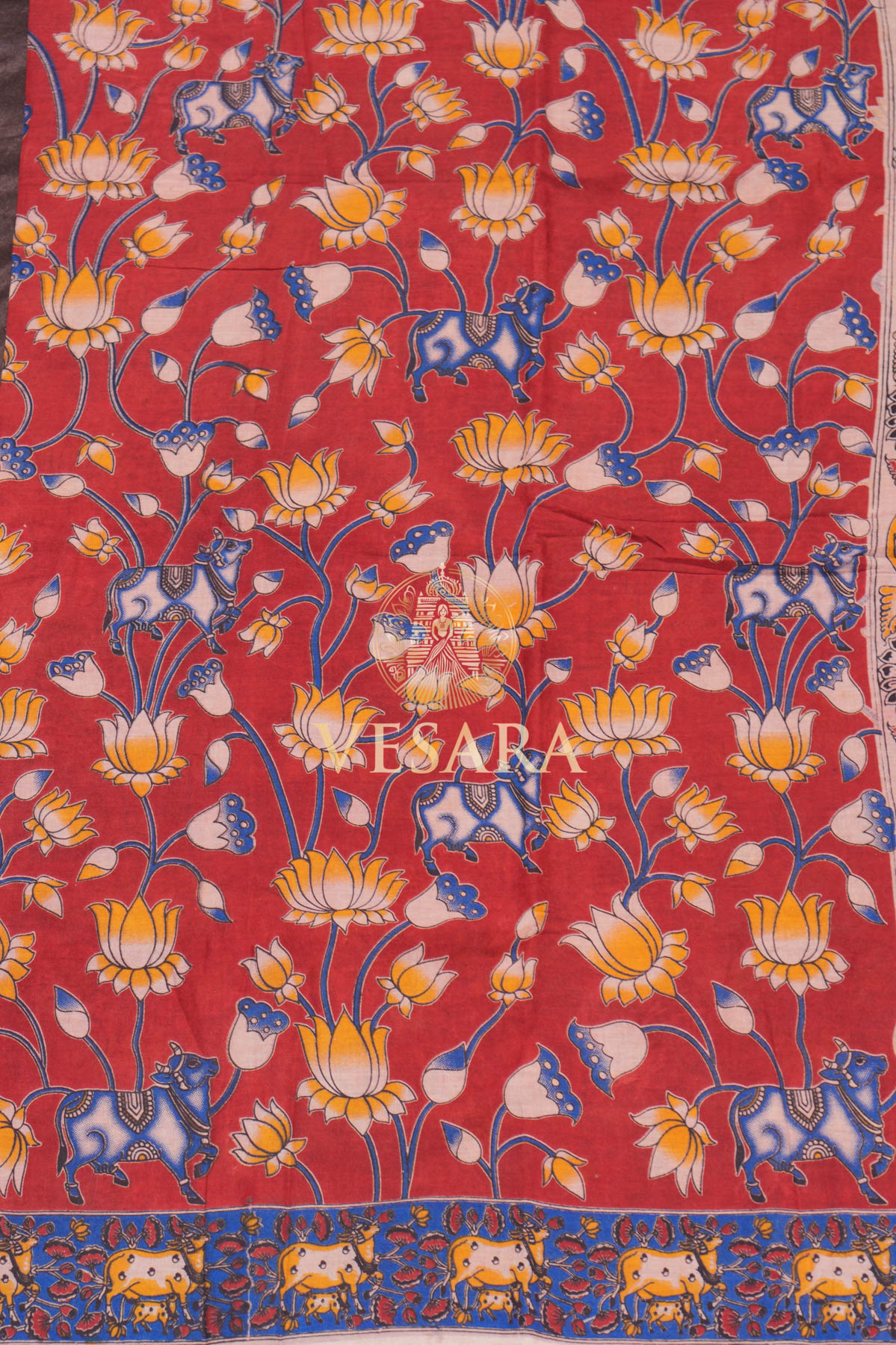 Cotton Kalamkari – Lotus Vine with Cow - Image 4
