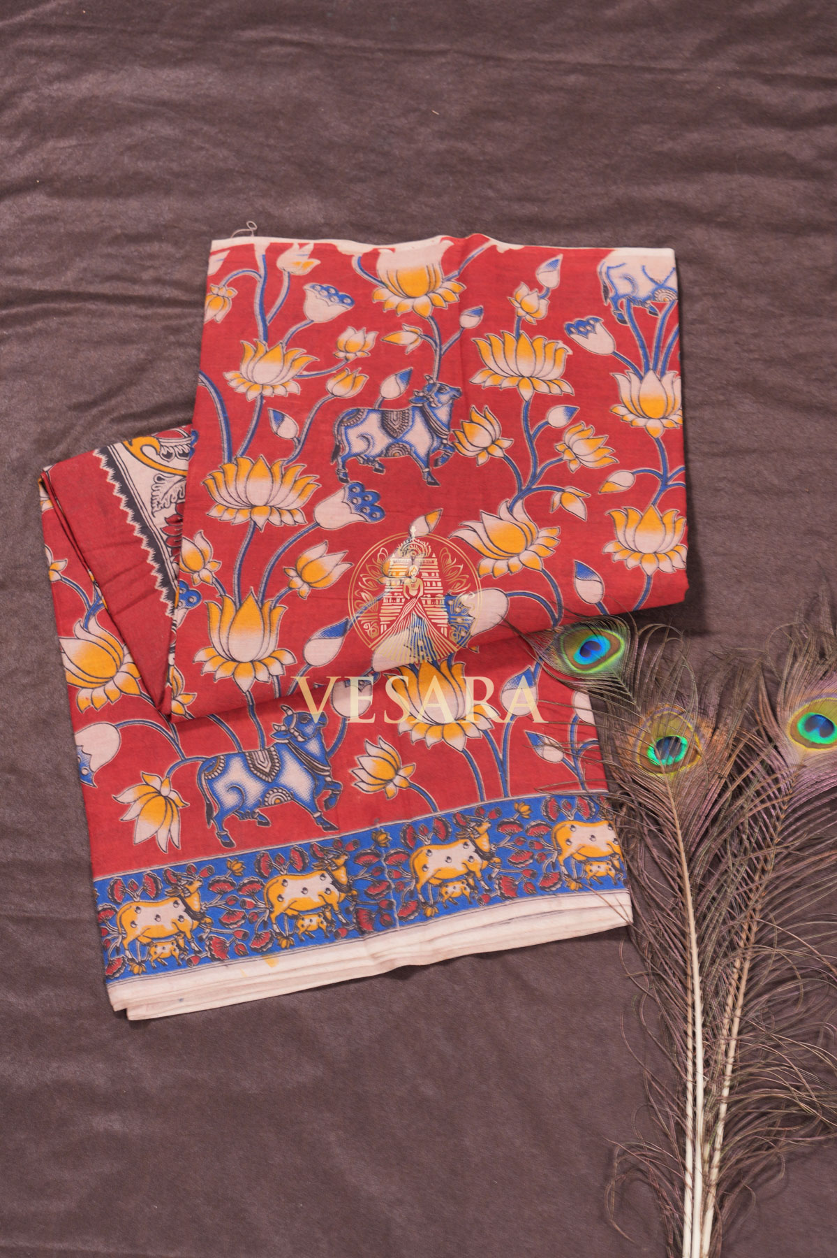 Cotton Kalamkari – Lotus Vine with Cow - Image 1