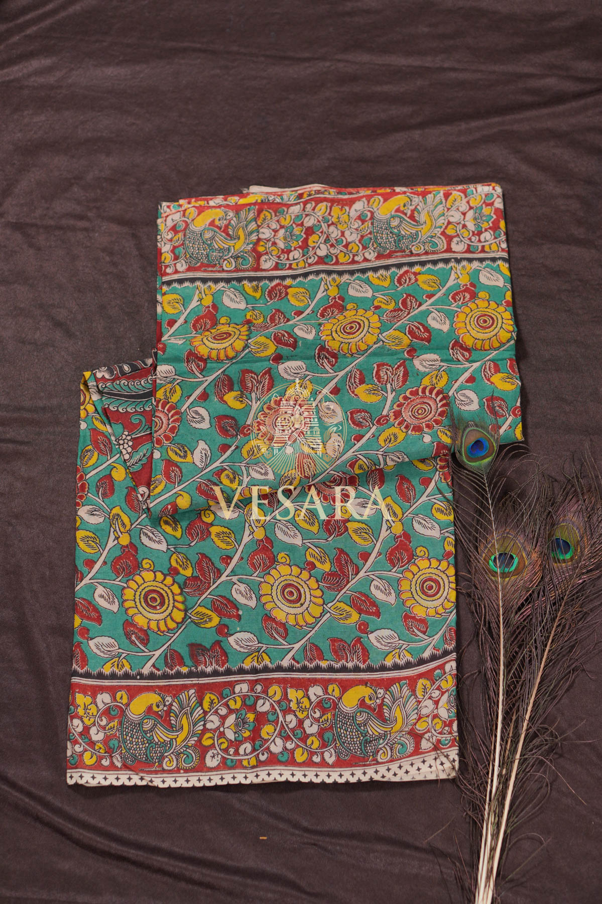 Cotton Kalamkari – Sunflower Vine Print - Image 1
