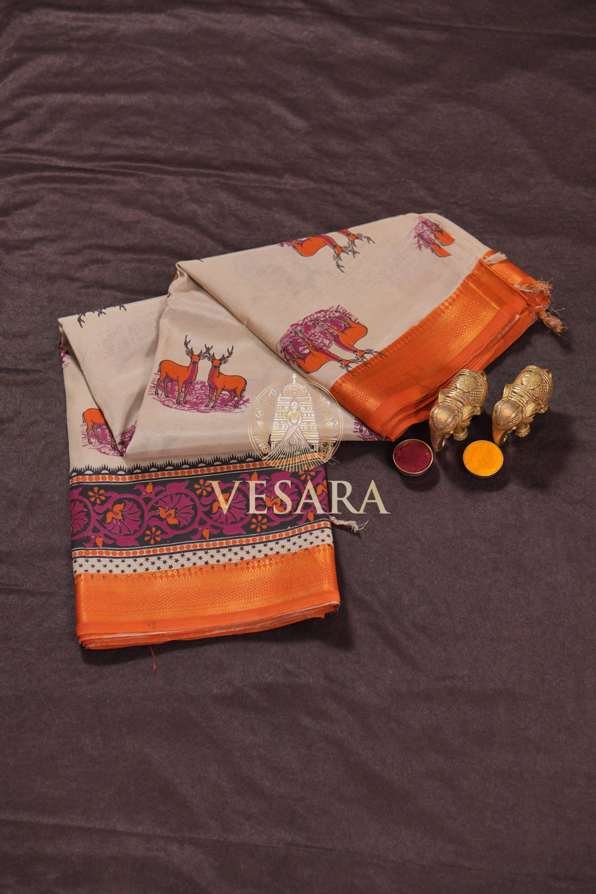 Viscose Kalamkari – Orange Deer - Image 1